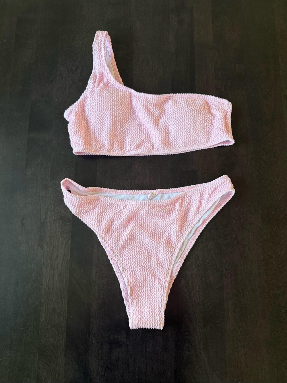 Amazon Essentials Pink Textured One-Shoulder Bikini Set